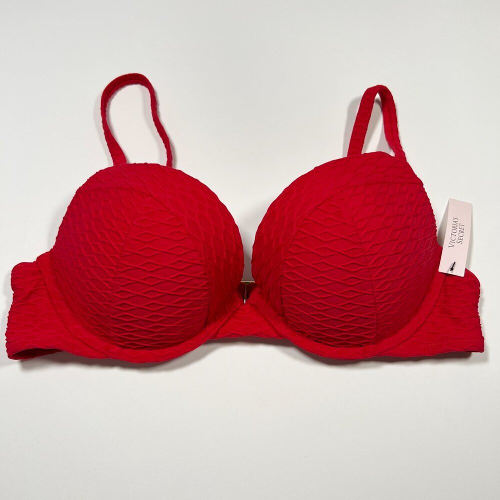 Victoria Secret 36B SEXY TEE Push Up Bikini Top Underwire Textured Lipstick Red